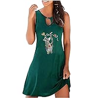 Women's Bohemian Print Sleeveless Knee Length Beach Flowy Round Neck Glamorous Dress Casual Loose-Fitting Summer Swing Green