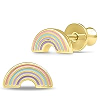 Yellow Gold Plated Sterling Silver Enamel CZ Stud Earrings for Girls - Assorted Designs, 1-Pair and 3-Pair Pack Sets Available