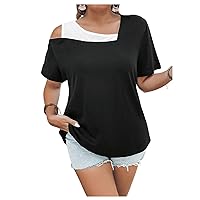 SOLY HUX Women's Plus Size Color Block Tee Cold Shoulder Short Sleeve T Shirt Summer Going Out Tops