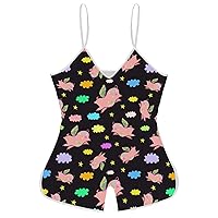 Cute Pigs Flying Funny Slip Jumpsuits One Piece Romper for Women Sleeveless with Adjustable Strap Sexy Shorts