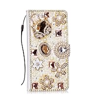 Crystal Wallet Phone Case Compatible with Samsung Galaxy S23 Ultra - Bag - White - 3D Handmade Sparkly Glitter Bling Leather Cover with Screen Protector & Beaded Phone Lanyard