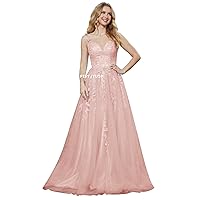 PEIYJYUSP Tulle Lace Appliques V Neck Prom Dresses A Line Wedding Bridesmaid Prom Dress for Teens Ball Gown