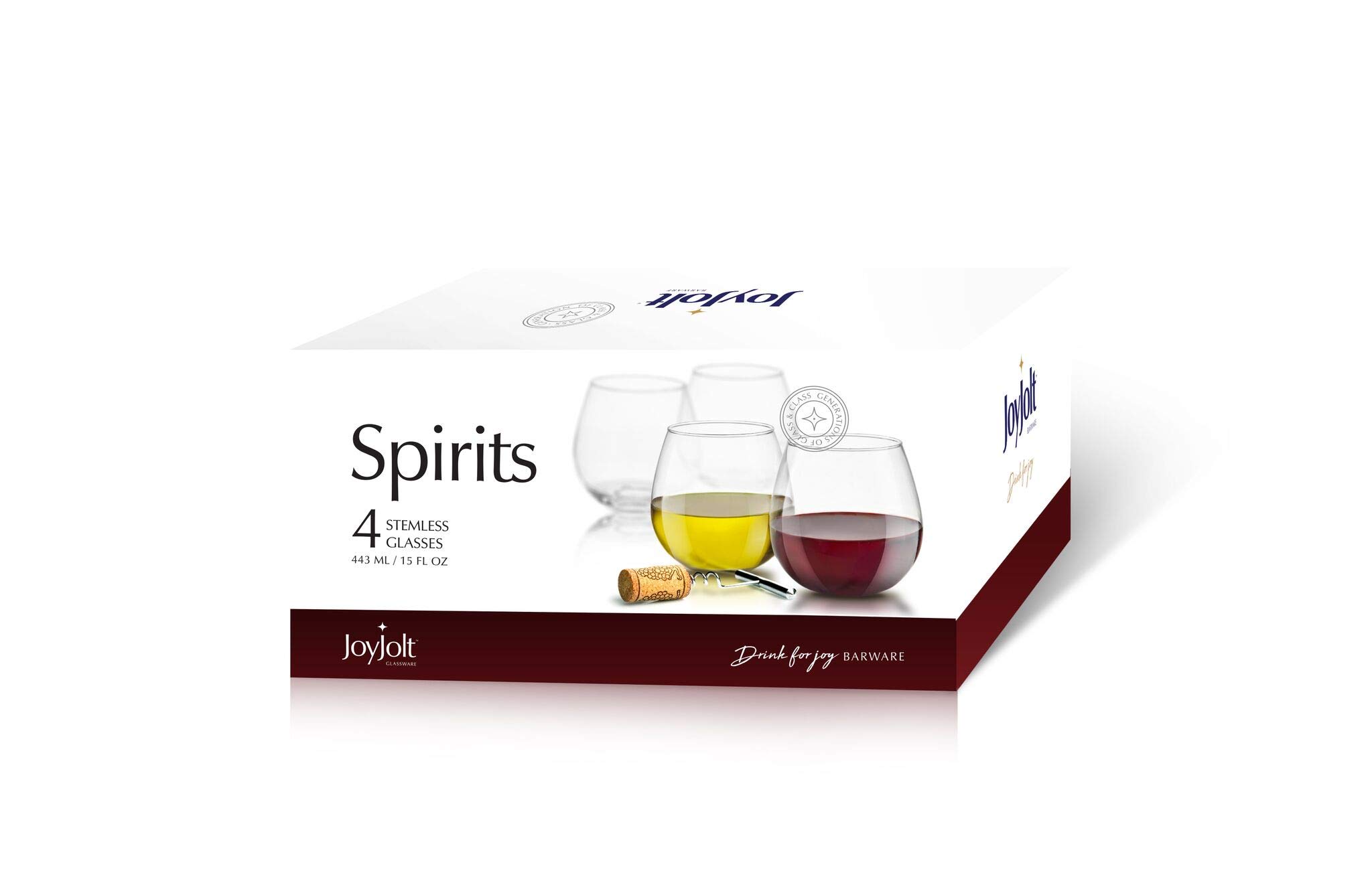 JoyJolt Spirits Stemless Wine Glasses for Red or White Wine (Set of 4)-15-Ounces