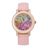 Vibrant Daisy Peony Gerbera Women's PU Leather Strap Watch Fashion Wristwatches Dress Watch for Home Work