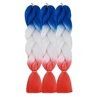 Colored Ombre Jumbo Braiding Hair ExtensionsSynthetic Twist Braids Crochet Synthetic Fiber for Twist Braiding Hair Extension(3Pcs/Lot Blue/White/Red-Orange Red as showing)
