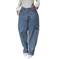 Womens Baggy Ripped Jeans Mid Waist Wide Straight Leg Jeans Pants Girls Fashion Casual Boyfriend Destroyed Denim Jeans
