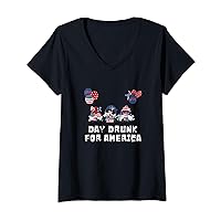 Womens 4th Of July Day Drunk For America USA Flag Veterans Matching V-Neck T-Shirt