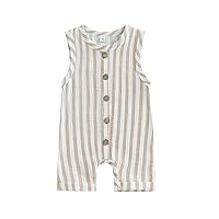 Newborn Baby Boy Girl Sleevless Button Stripe Summer Short Jumpsuit Tank Romper Organic Cotton Linen Clothes