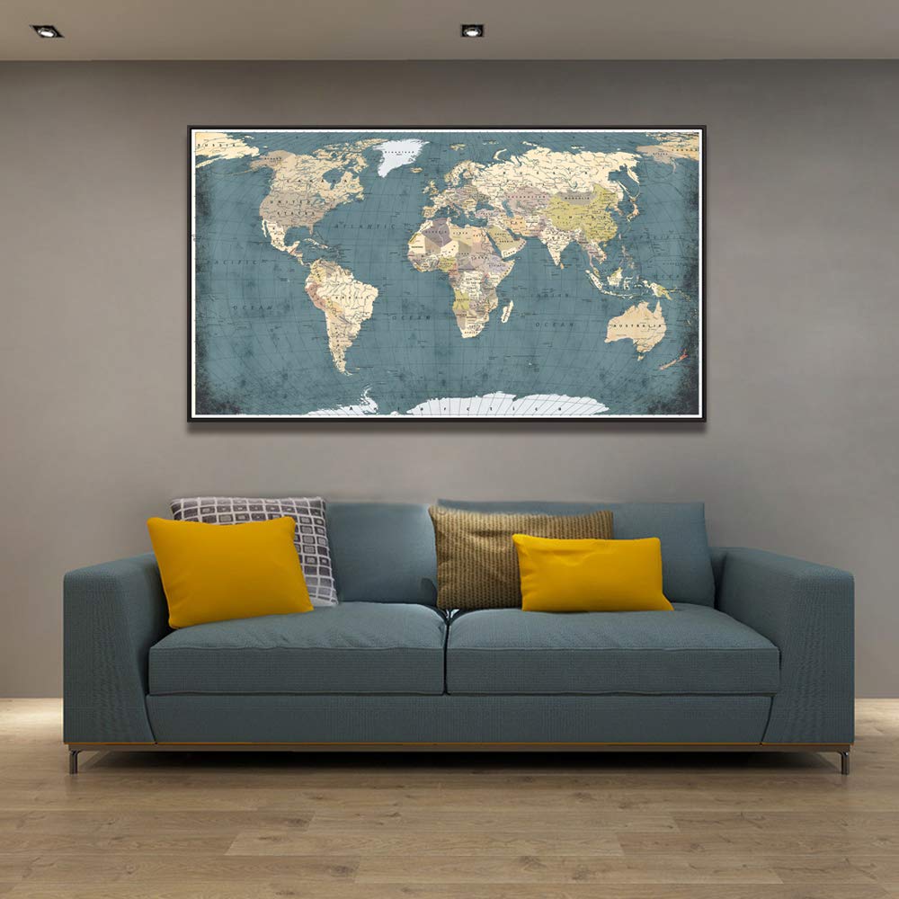 Welmeco Large Office Wall Decoration Retro Detailed World Map Canvas Prints with Premium Black Frame Vintage Push Pins Travel Map of The World Picture Artwork for Modern Home Office Living Room Decor