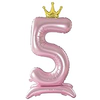 Tellpet Crown Pink Number 5 Balloon with Base For Girls 5th Birthday Party Decoration