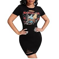 Women's Dress Dresses for Women Eagle & Letter Graphic Ripped Bodycon Dress (Color : Black, Size : X-Small)