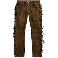 Men's Native American Cowhide Suede Leather Jeans Style Pants with Fringes