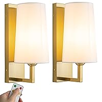 Modern Battery Operated Wall Sconce Set of Two White Fabric Shade Wall Sconce Not Hardwired Indoor Dimmable Battery Powered Wall Light with Remote Control for Bedroom Living Room, Bulb Included