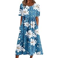 Womens Summer Dresses Casual Floral Print Midi Dress Button V Neck Short Sleeve Dress Loose Flowy Boho Beach Party Sundress Lightning Deals of Today