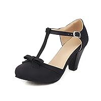 Women's Cute Bow-tie T-Strap Chunky Heels Mary Jane Shoes Ladies Retro Dress Round Toe Ankle Strap Pumps