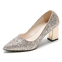 Women Sequined Pumps Gold Chunky Heels Comfort Pointed Toe Slide Formal Pumps Prom Cocktail Party