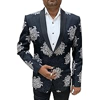 Embroidered Black Mens Shawl Collar Blazer Sport Jacket Coat SBM1028R54 54 Regular Black