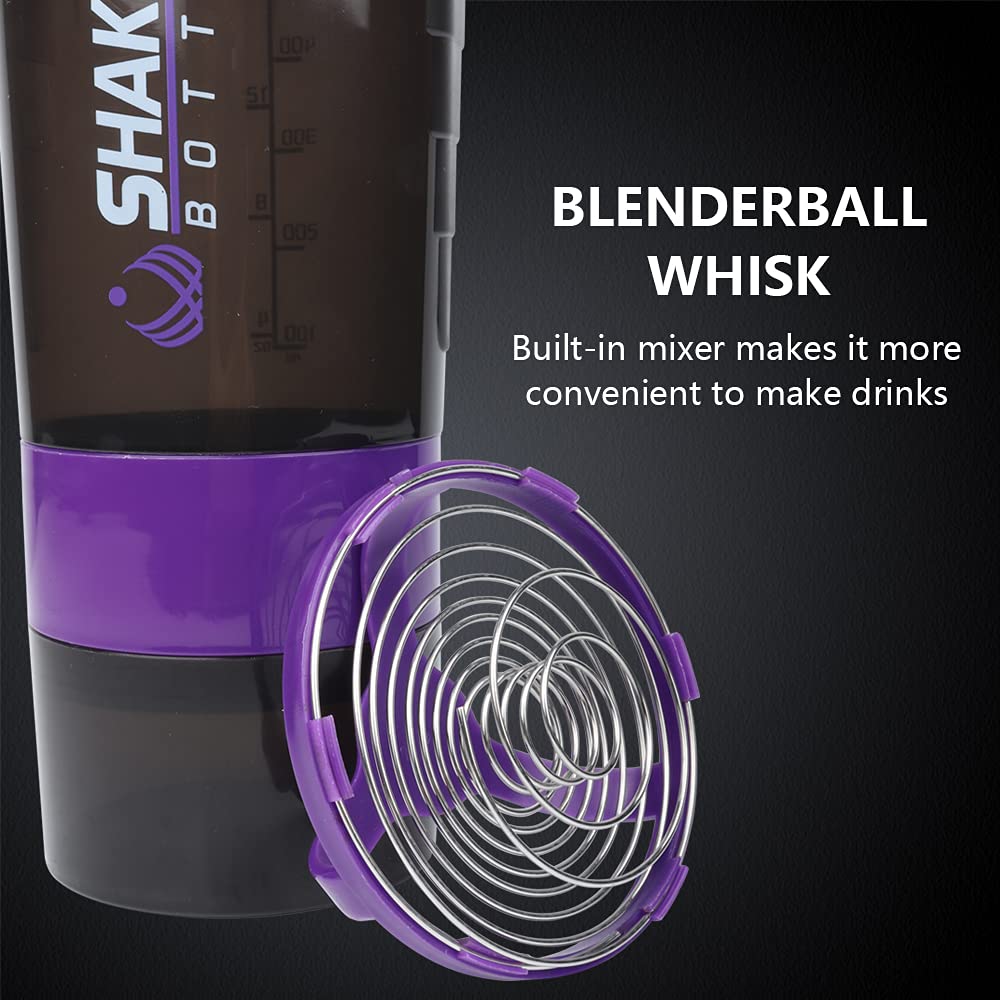 Protein Shaker Bottle with Three Part Twist Off Storage，Gym shaker cups for protein shakes 16Oz ,BPA Free, Leak Proof ,NON-SLIP, Portable sport Plastic Water Bottle Fit Most Cup Holders., Purple