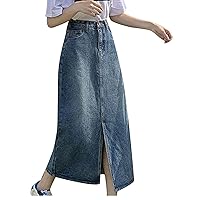 Womens Denim Maxi Skirt 2024 Spring Summer Fashion Casual High Waist A-Line Side Slit Jean Skirt with Pocket