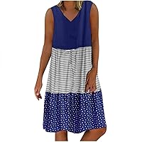 Women Fashion Tiered Patchwork Tunic Tank Dress Stripe Polka Dots Color Block Summer Casual Loose Sleeveless Dresses