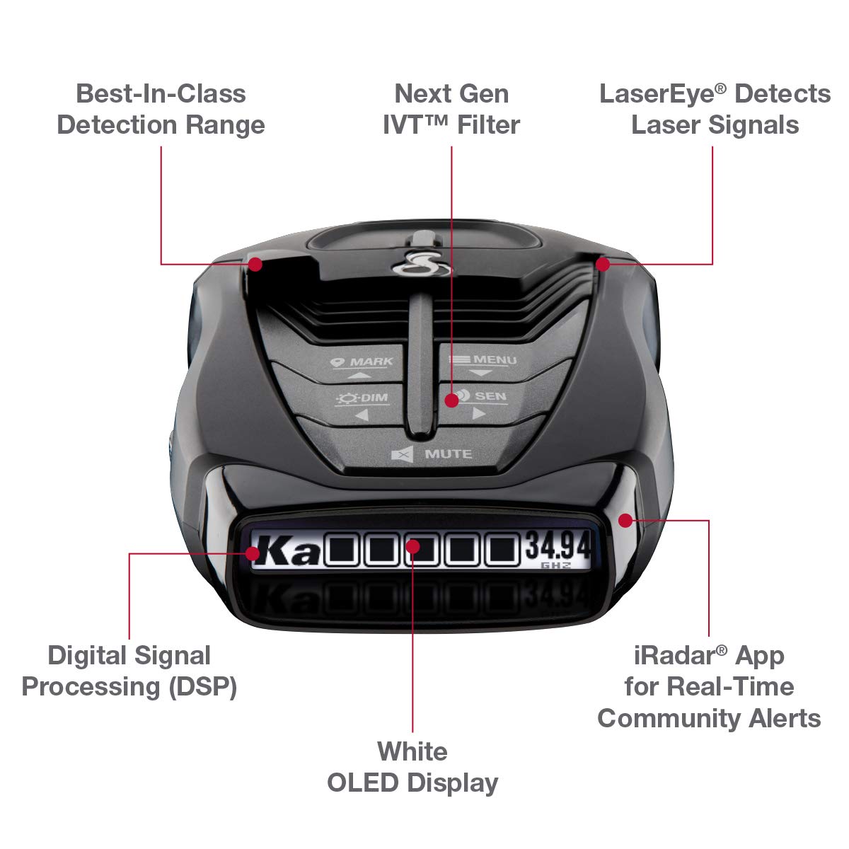 Cobra RAD 480i Laser Radar Detector – Long Range Detection, Bluetooth, iRadar App, LaserEye Front and Rear Detection, Next Gen IVT Filtering, Black