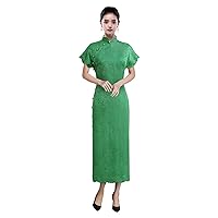 Women Qipao Silk Fragrant Cloud Yarn Pleated Mock Collar Short Sleeve Green Vacation Long Dress 3636