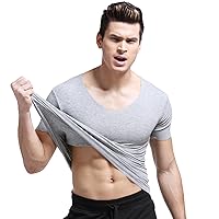 Men's Solid Athletic Shirts Beefy Slim Fit Short Sleeve Muscle Sweatshirt V-Neck High Stretch Gym Yoga Running Blouse
