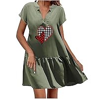 Women's Summer Dresses 2024 Casual Loose Short Sleeve V-Neck Swing Dress Funny Heart Plaid Print Midi Sundresses