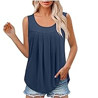 Women Fashion Pleated Crewneck Belly Hide Tank Tops Summer Sleeveless Casual Loose Fit Solid Color Tee Blouses