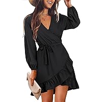 Amoretu Womens Dresses Long Sleeve Casual V Neck Ruffle Swing Short Dress Black XL