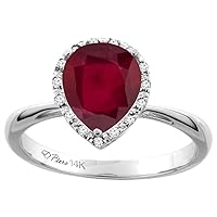 Sabrina Silver 14K White Gold Diamond Halo Natural Quality Ruby Engagement Ring Pear Shape 9x7 mm, Size 5-10