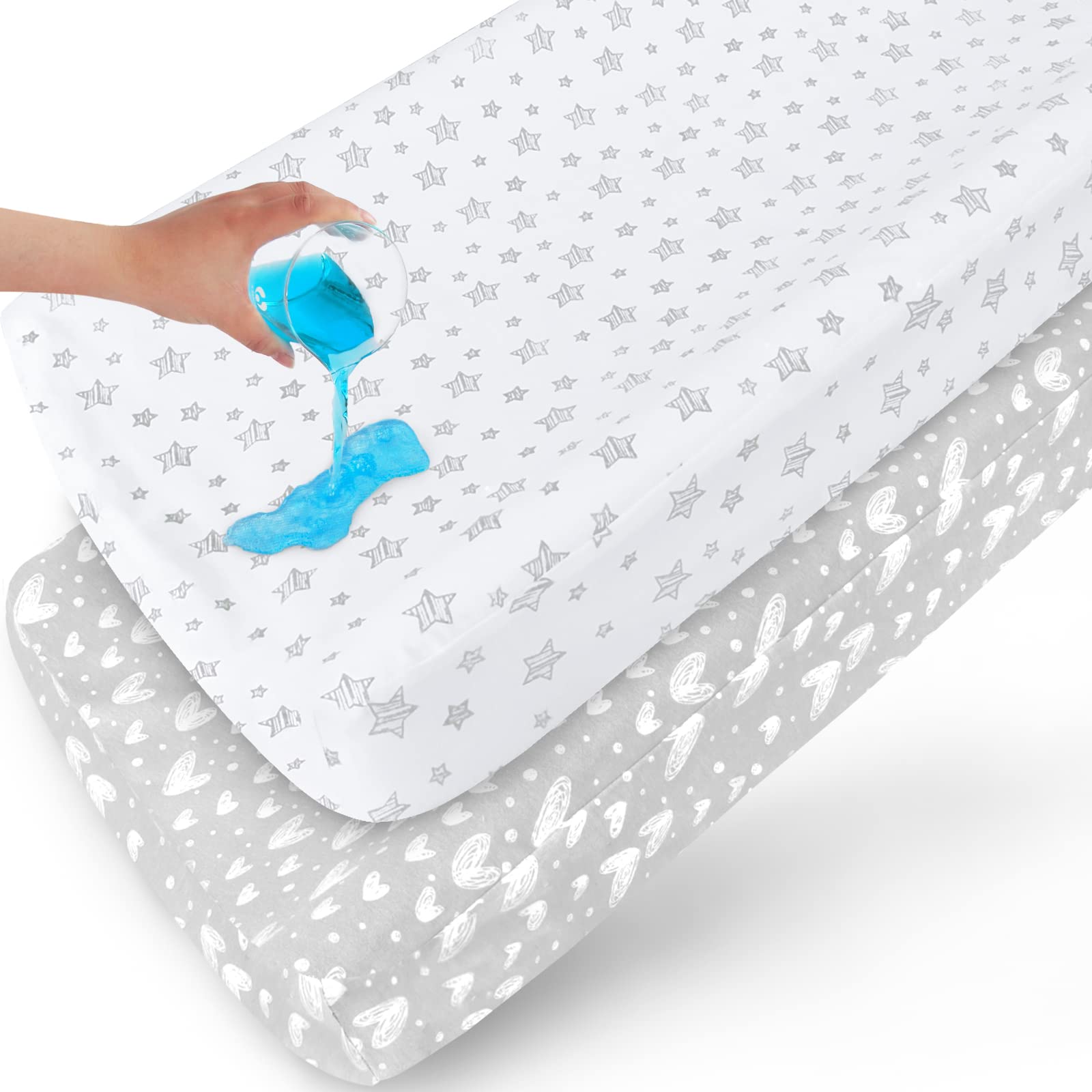 Waterproof Changing Pad Cover 2 Pack, 100% Cotton Change Table Cover Sheets, Ultra Soft, Unisex White Grey Star Print