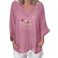 Womens Cute Floral Tee Shirts Oversized Cotton Linen Tunic Tops Summer 3/4 Sleeve V Neck Casual Loose Fit Blouses