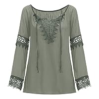Women's Dressy Summer Tops Casual Solid Color V-Neck Cotton Linen Lace Long Sleeve Shirt Top Tops And Blouses