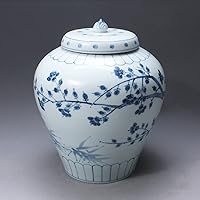 MellowBreez 12'' Korean Blue and White Ceramic Jar with Lid, Plum Blossom and Bamboo Tree Drawings - Korean National Treasure Reproduction - Oriental, Asian, China Chinoiserie Antique Vase