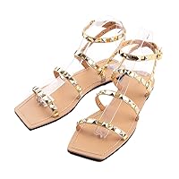 Women Square Toe Flat Sandals Femal Summer Rivet Beach Shoes Thong Lady Slippers Plus Size Golden 8.5