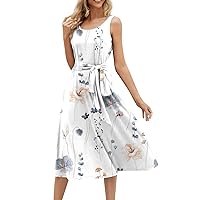Summer Dresses for Women 2024 Beach Loose Round Neck Sleeveless Midi A-Line Swing Dress Sundresses with Pockets