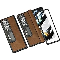Case for Samsung Galaxy Z Fold 3, Magnetic Hinge Protection Premium Leather Case with Kickstand Screen Protector Wireless Charging Compatible All-Inclusive PC Shockproof Case,Brown 1
