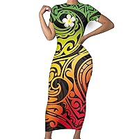 Women's Polynesian Tribal Printed Summer Dresses Casual Wrap Ruched Bodycon Party Pencil Dress