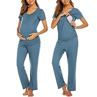 Ekouaer Women's Maternity Nursing Pajama Set Breastfeeding Sleepwear Set Double Layer Short Sleeve Top & Pants Pregnancy PJS