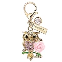 MC240 Crystal Pink Little Owl with Rose Lobster Clasp Charm Pendant with Velvet Bag (1 Piece)