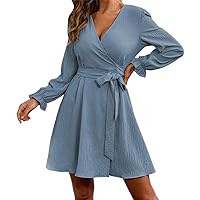 Womens Dresses Casual,Womens Long Sleeve Dress V Neck Loose Mid Swing Dresses with Lace Dress