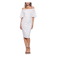 XSCAPE Womens White Zippered Lined Pouf Sleeve Off Shoulder Knee Length Party Sheath Dress Juniors 6