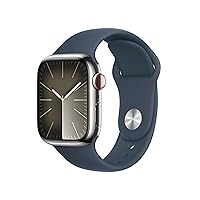 Apple Watch Series 9 [GPS + Cellular 41mm] Smartwatch with Silver Stainless Steel Case with Storm Blue Sport Band M/L. Fitness Tracker, Blood Oxygen & ECG Apps, Always-On Retina Display
