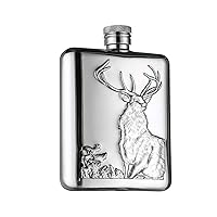Hip Flask Flagon with Funnel Gifted box Silver Stainless Steel U Oval Shape 6 Oz 17 Oz Delicate Elegant Buck Stag Male deer Pattern Leak Proof for Liquor White Whiskey Wine Vodka (6 oz)