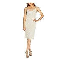 Adrianna Papell Womens Beige Beaded Zippered Lined Spaghetti Strap V Neck Below The Knee Party Sheath Dress 18