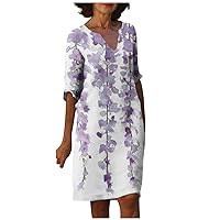 Orders Placed by Me Linen Dress for Women Summer Casual Print Straight Loose Fit Fashion with Half Sleeve V Neck Knee Dresses Purple Medium