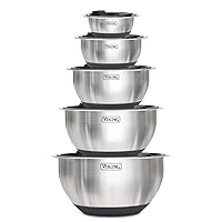 VIKING Culinary Stainless Steel Mixing Bowl Set, 10 piece, Non-slip Silicone Base, Includes Airtight Lids, Dishwasher Safe, Black
