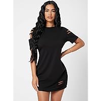 Summer Dresses for Women 2022 Ripped Detail Solid Dress Dresses for Women (Color : Black, Size : X-Small)