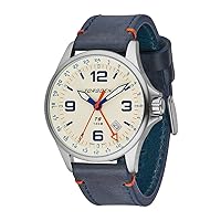 T9 Cream GMT Pilot Watch for Men, Swiss Quartz, Mineral Crystal with Blue Leather Strap